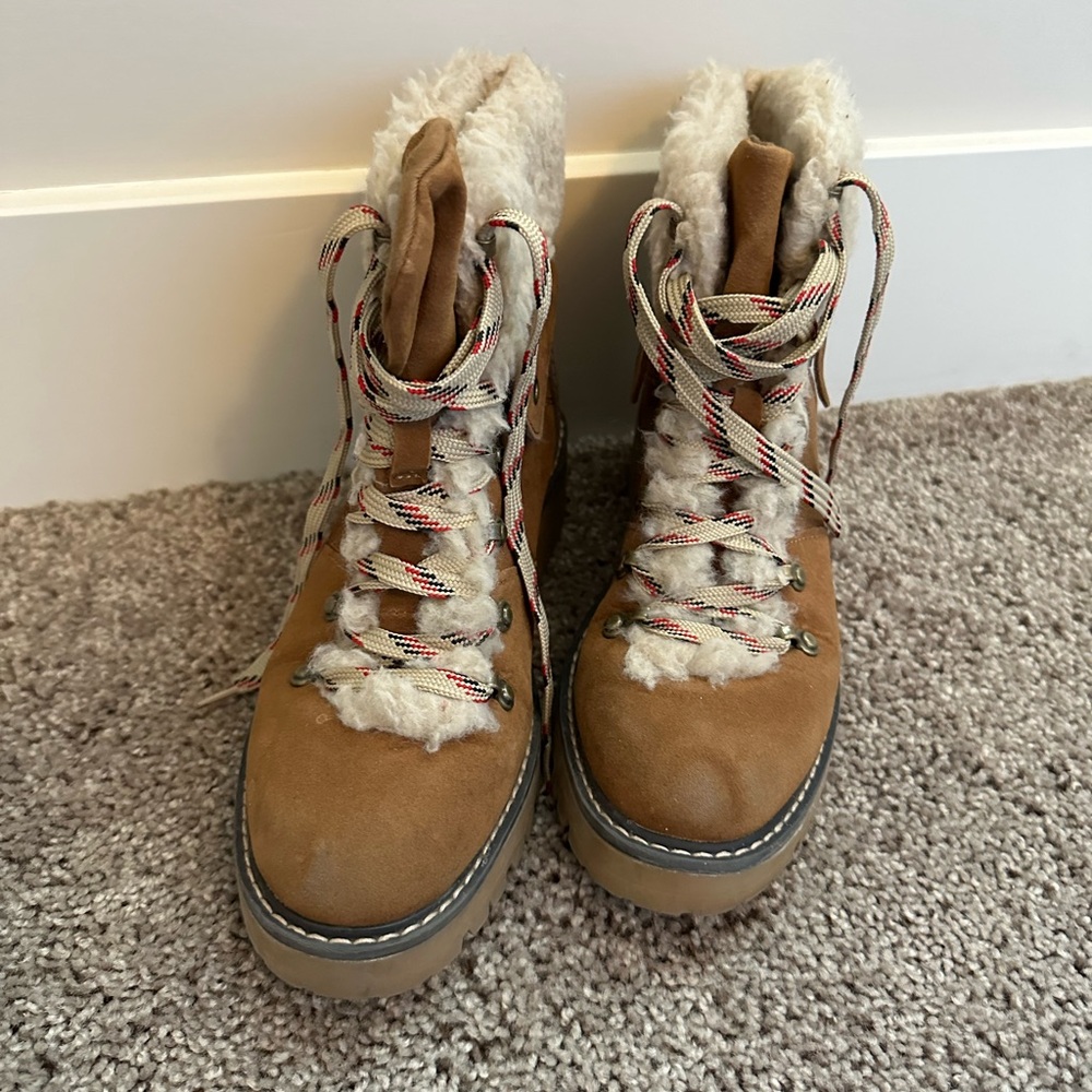 Time and Tru Tan Shearling Lace-Up Boots